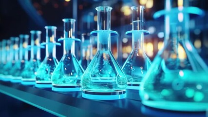 Laboratory glasses filled with blue substances, likely chemical reagents. - Powered by Adobe