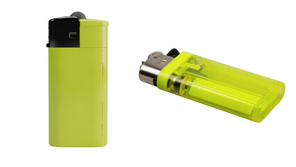 Two bright green cigarette lighters on a transparent background, one upright and the other tilted at an angle