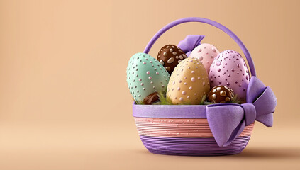 Easter basket filled with decorated eggs and a large purple bow