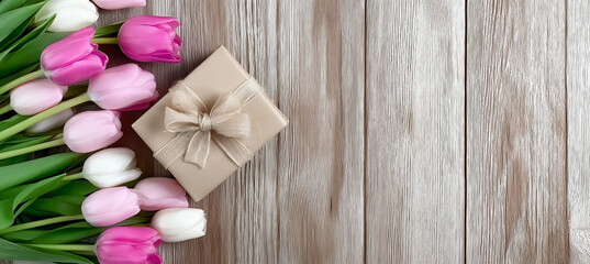 Pink and white tulips with a gift box on a rustic wooden background