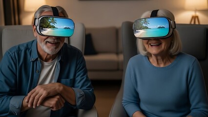 Elderly couple enjoying virtual reality experience