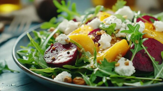 Beetroot and spinach salad with feta cheese, citrus dressing and chickpeas.