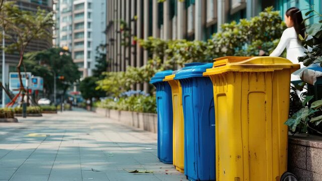 A row of colorful recycling bins on a city sidewalk.