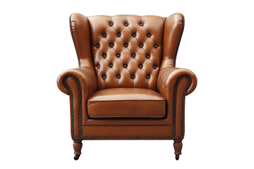 Classic Brown Leather Armchair with Tufted Upholstery Isolated on Transparent Background Elegant Furniture