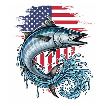 wahoo fishing american flag logo illustration vector t shirt design
