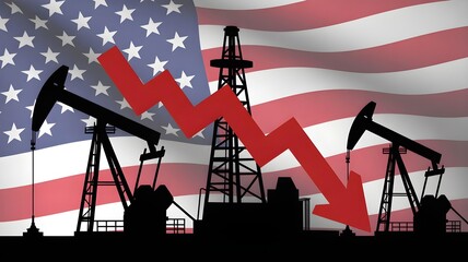 Silhouetted American oil pumps and drilling equipment illustrate the sharp downward trend of the crude oil market price index.