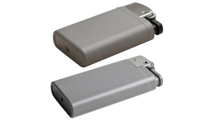 Two gray metallic rectangular objects with rounded edges, possibly small mechanical devices, are depicted against a black background