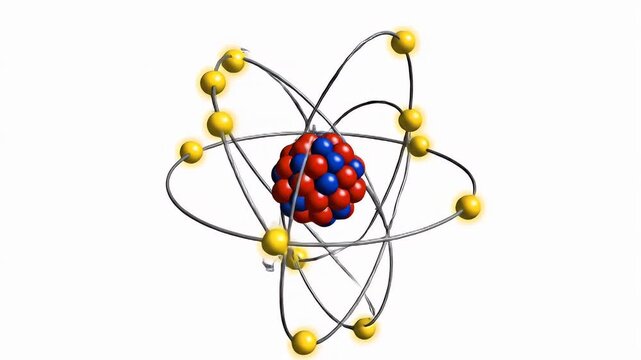Animated 3D model of an atom with orbiting electrons showing scientific concept