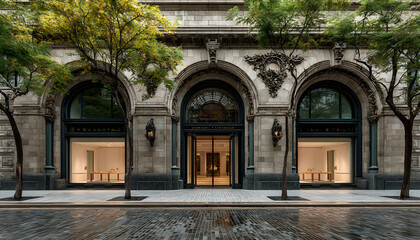 Exterior view of luxury store entrance with three bright empty display windows. Ornate building facade with arched openings and granite details on a tiled sidewalk.