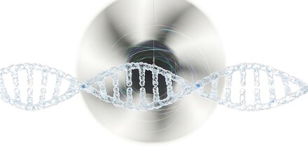 Transparent blue D N A double helix molecule with swirling abstract light patterns and a metallic disc background