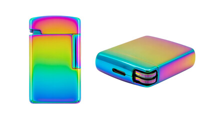 Two iridescent, rectangular pocket devices, one open and the other closed, reflecting a rainbow of colors, on a black backdrop