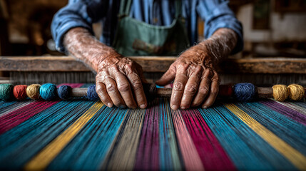 Close-up of elderly artisan weaving colorful textile on traditional loom with skilled hands in workshop