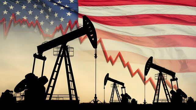 Silhouette of multiple oil pump jacks operating against a backdrop featuring the American flag and a sharp downward trending financial graph.
