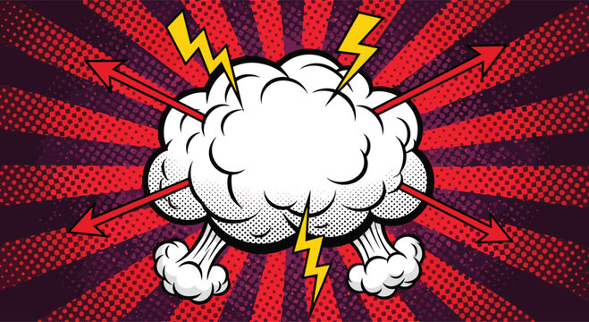 Aggressive comic book explosion cloud with lightning and arrows on a vibrant red and purple sunburst for a conflict scene.