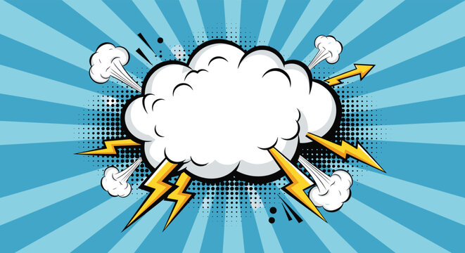 Energetic comic book thought cloud with lightning bolts and smoke on a dynamic blue sunburst background for powerful ideas.