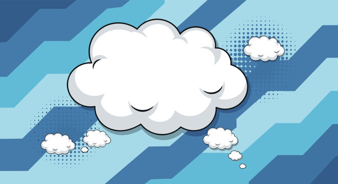 Large comic book style thought cloud with smaller bubbles on a modern blue geometric background with halftone dot effects.