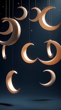 Many crescent moons of varying sizes suspended in the air