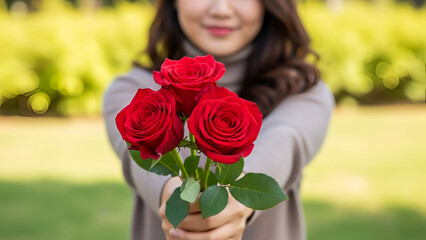 Smiling Woman Offering a Bouquet of Red Roses