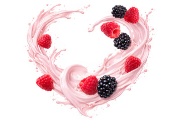creamy pink raspberry milk swirl with fresh raspberries and blackberries floating in dynamic motion isolated on white background for food, beverage and dessert concepts