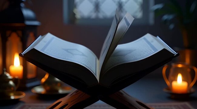 Open Holy Quran on wooden stand with candles and blurred background