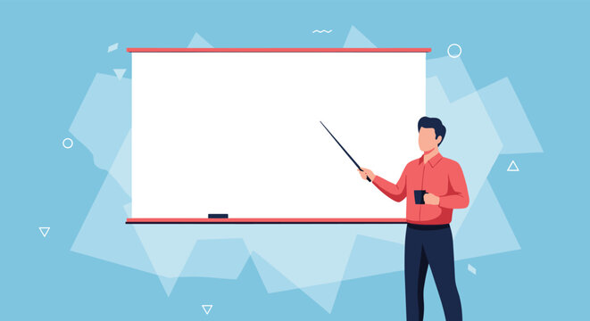 Male presenter or teacher with a pointer and mug standing next to a blank white screen ready for a business presentation or lecture.