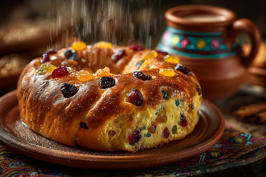 Rosca de Reyes, also called Three Kings Bread, Roscon, Epiphany Cake, traditionally served with hot chocolate in a clay Jarrito. Mexican tradition on January 5th.