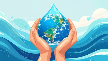 Caring for Our Planet Hands holding a globe surrounded by waves, symbolizing water conservation and environmental protection