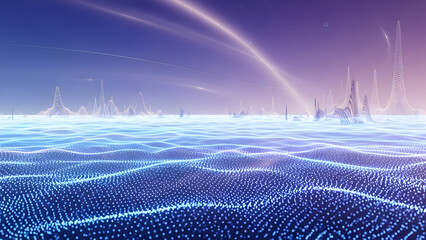 Abstract Digital Landscape of Glowing Particle Waves and Data Spikes Representing Virtual Reality or Large Scale Big Data