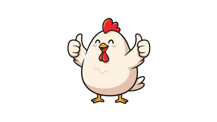 Happy white chicken cartoon character mascot giving double thumbs up with a big smile on its face on a white background.