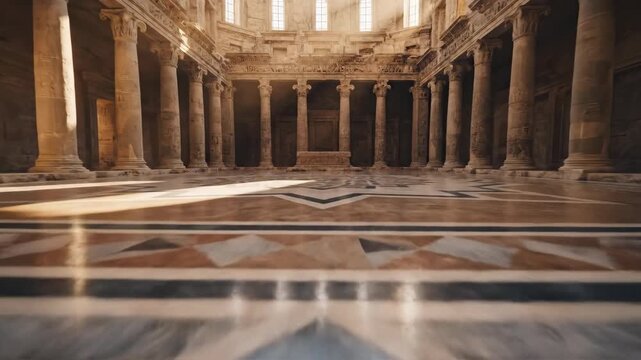 A smooth drone aerial sweep flying low over a vast empty sanctuary floor covered in intricate geometric stone patterns within an ancient holy place seamlessloop, sanctuary, patterns