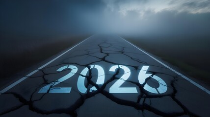 The uncertain and cracked road ahead illuminated by the glowing digital numbers representing the challenging year two thousand twenty six