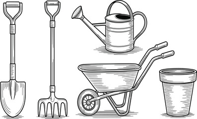Vintage hand-drawn style illustration set of essential gardening tools featuring a shovel, garden fork, watering can, wheelbarrow, and terracotta pot.