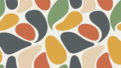 Fototapeta premium Retro organic abstract background with fluid shapes in earth tones of green orange yellow and gray on cream base