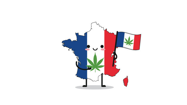 France map cartoon character wearing the national flag colors and holding a flag with a marijuana leaf symbol on a white background.