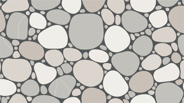 Pebble stone mosaic background with various sizes of smooth gray and beige rounded shapes on dark gray grout line