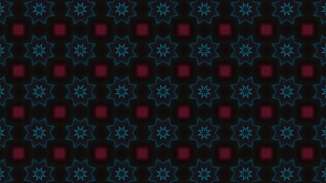Abstract flower forms, stars, polygonal shapes are arranged in chequerwise on dark. Abstract multicolored rhythmical motion. Symmetrical rows of neon geometric elements transforming. 4K UHD 4096x2304