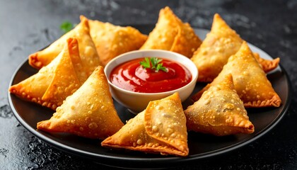 Golden Samosas with Spicy Tomato Dip - A Delicious Indian Appetizer.