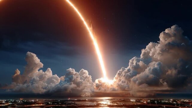 Celestial Ascent: Witness the awe-inspiring launch of a spacecraft, illuminating the night sky with a radiant trail of light, soaring above a landscape shrouded in clouds and mystery.
