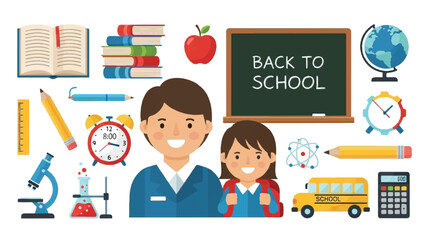 Back to school supplies and objects collage teacher and student happy classroom chalkboard globe