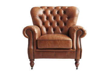 Classic Brown Leather Armchair with Tufted Upholstery Isolated on Transparent Background Elegant Furniture