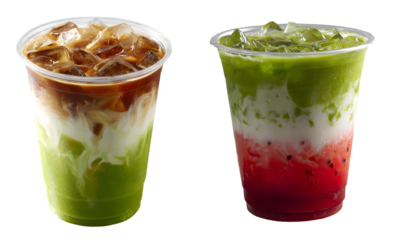 Two layered iced matcha green tea drinks with milk and ice in clear plastic cups one with brown syrup and one with red fruit on a white background