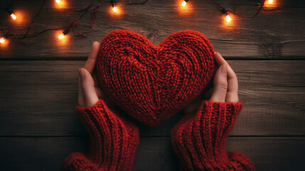 Cozy hands holding a red knitted heart with warm string lights