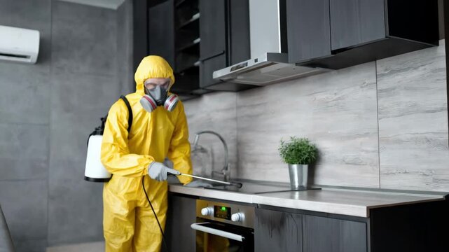 Technician in protective gear applies ant bait in a kitchen to eliminate infestations in a residential home setting