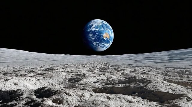 Celestial Perspective: A breathtaking view of planet Earth rises over the stark lunar landscape, a stunning juxtaposition of our home planet and the desolate beauty of space.