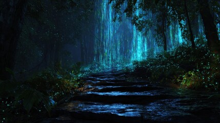 A forest with a stream of water