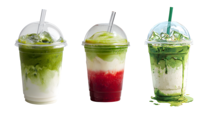 Three colorful layered drinks in clear plastic cups with dome lids and straws on white background with colorful drinks and matcha and iced coffee