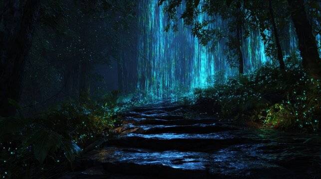 A forest with a stream of water - Powered by Adobe