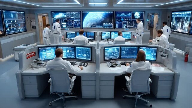 Science Command Center: A group of scientists is meticulously analyzing data on multiple monitors, immersed in their specialized environment, conducting research and development. 