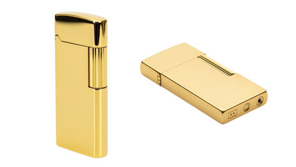 Two polished, golden rectangular metallic objects, one upright, the other lying flat. They appear to be gas lighters, reflecting light, against a black background