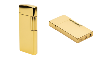 Two polished, golden rectangular metallic objects, one upright, the other lying flat. They appear to be gas lighters, reflecting light, against a black background